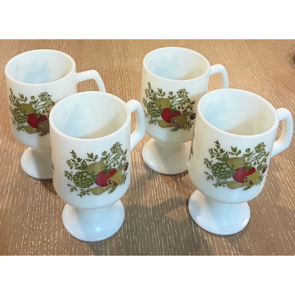 Vintage Federal Glass Spice of Life Milk Glass Pedestal Mugs Set of 4 5.5"